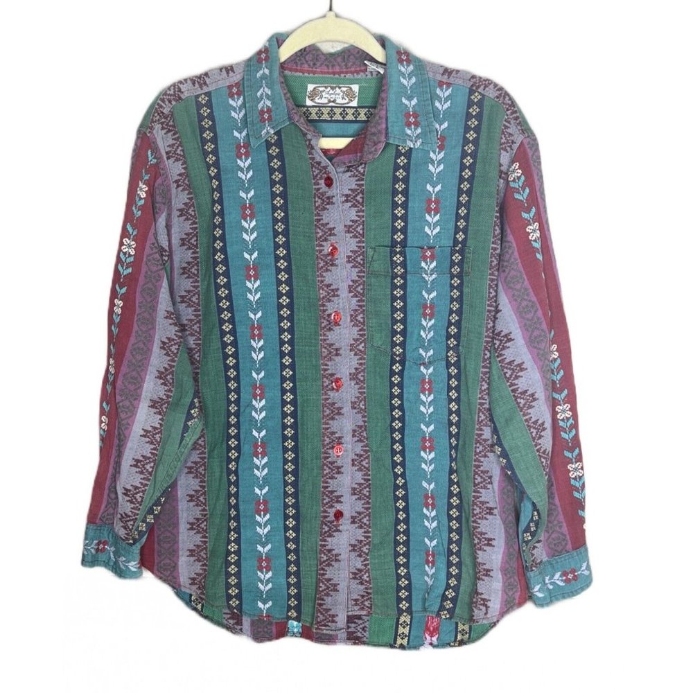 Vtg Angelique Womens Top Shirt Size Large Western Floral Button Up Embroidered